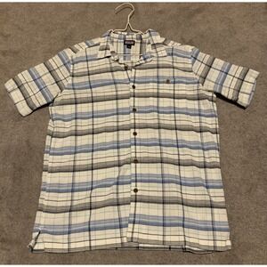 Patagonia Shirt Mens Large Blue Plaid AC Button Up Organic Cotton Crepe Hiking